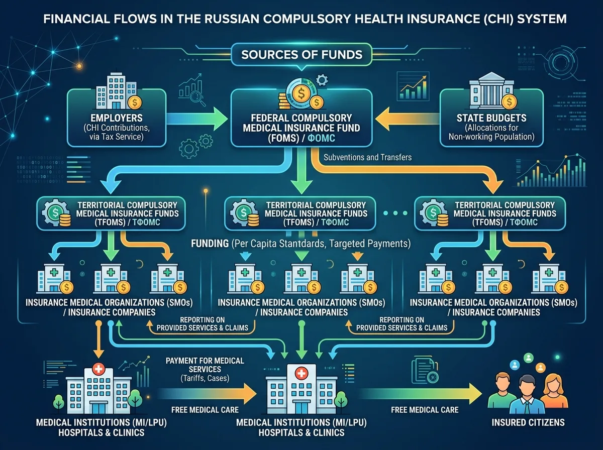 Схема финансовых потоков в системе обязательного медицинского страхования России — ФОМС, ТФОМС, страховые организации и медицинские учреждения